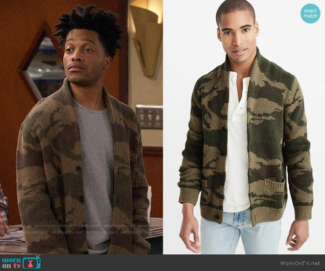 Abercrombie Shawl Cardigan in Olive Camo worn by Franco Wicks (Jermaine Fowler) on Superior Donuts