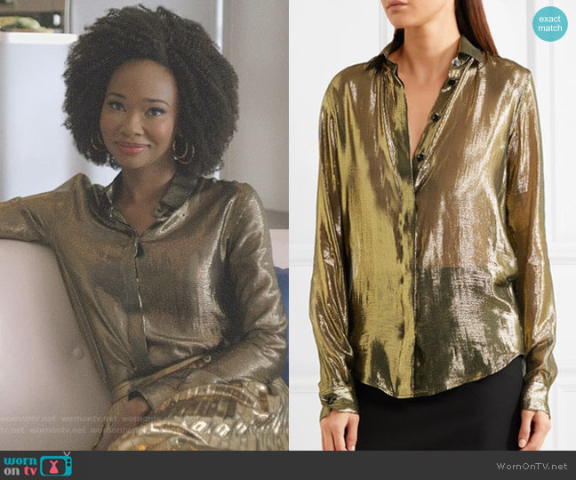 Saint Laurent Metallic Silk-Blend Lamé Shirt worn by Monica Colby (Wakeema Hollis) on Dynasty