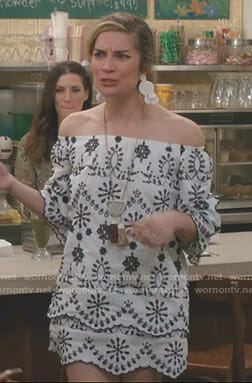 Alexis’s white off-shoulder eyelet dress on Schitt’s Creek