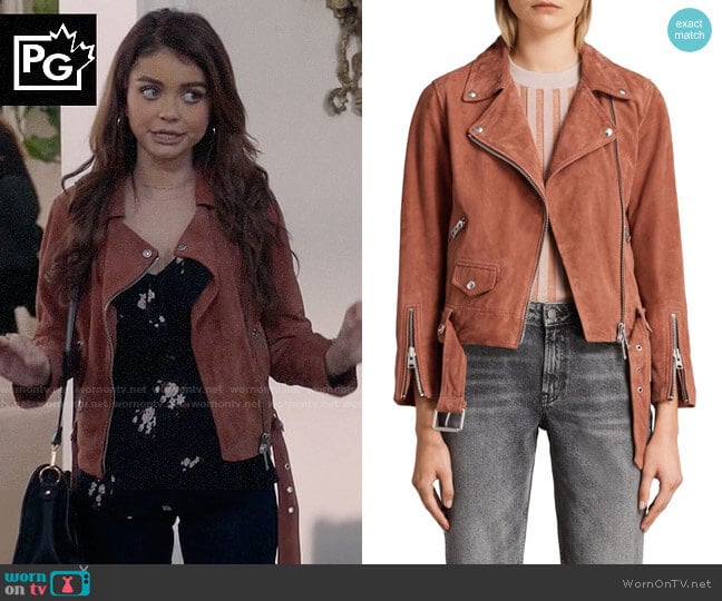 All Saints Cole Suede Biker Jacket in Pink worn by Haley Dunphy (Sarah Hyland) on Modern Family