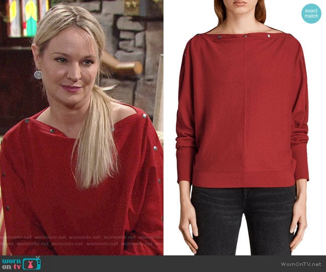 All Saints Elle Sweater in Red worn by Sharon Newman (Sharon Case) on The Young and the Restless