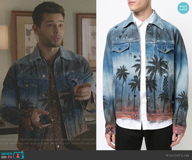 Amiri Palm Denim Trucker jacket worn by Sam Flores (Rafael de la Fuente) on Dynasty