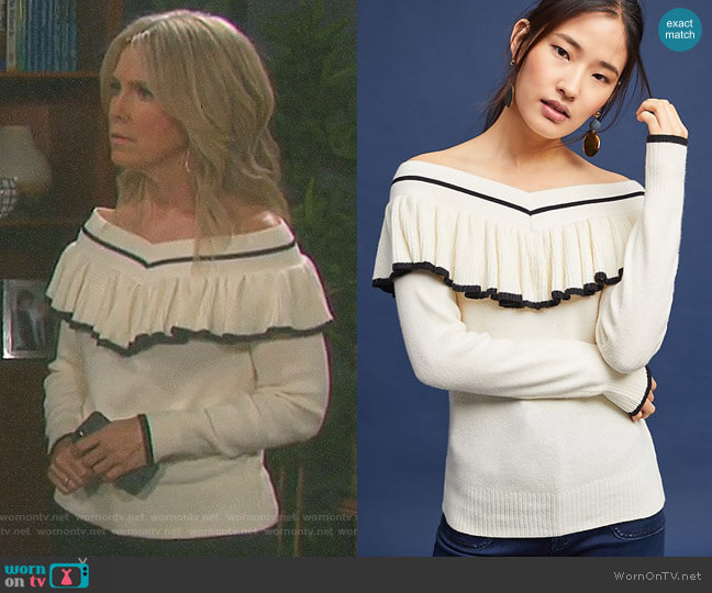 Anthropologie Ruffled Off-The-Shoulder Pullover worn by Jennifer Horton (Melissa Reeves) on Days of our Lives