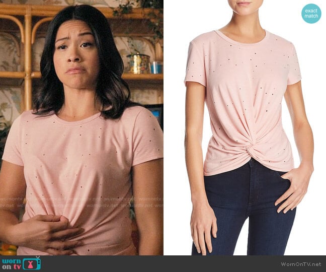 Aqua Distressed Twist-Front Tee in Blush worn by Jane Villanueva (Gina Rodriguez) on Jane the Virgin
