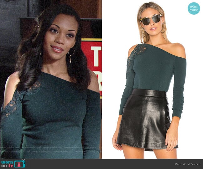 Bailey 44 Night Terror Top in Pine worn by Hilary Curtis (Mishael Morgan) on The Young and the Restless