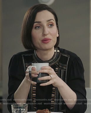 Jen’s black embroidered front blouse on Life in Pieces