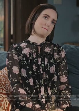 Jen’s black rose print blouse on Life in Pieces
