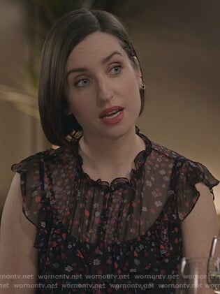 Jen’s black floral print ruffle sleeve top on Life in Pieces
