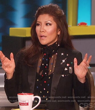 Julie’s black top with multi color polka dots on The Talk
