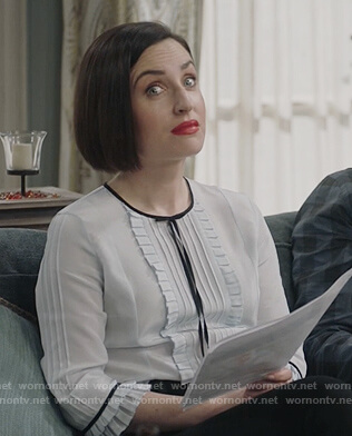 Jen’s light blue pleated front blouse on Life in Pieces
