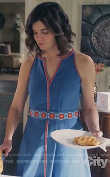 Heather’s blue sleeveless embroidered dress on Life in Pieces