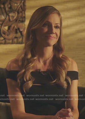 Charlotte’s black off-shoulder cutout jumpsuit on Lucifer