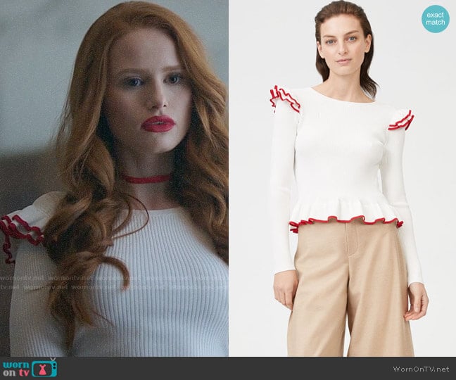 Club Monaco Skarlie Sweater in White/Red worn by Cheryl Blossom (Madelaine Petsch) on Riverdale