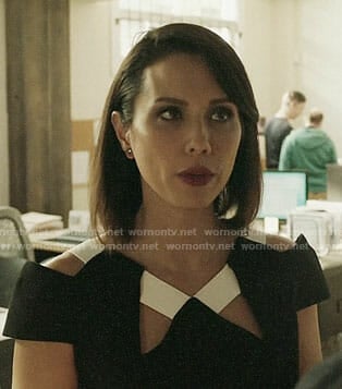 Deann’s black and white dress with cutouts on The Arrangement