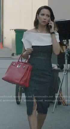 Deann’s pinstriped off-shoulder dress on The Arrangement