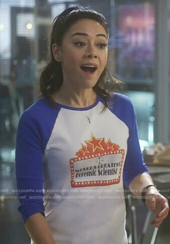 Ella’s world’s greatest forensic scientist t-shirt on Lucifer