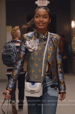 Zoey’s mixed floral print jacket and patchwork jeans on Grown-ish
