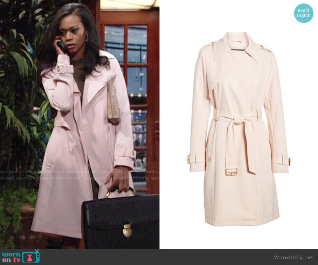 French Connection Flowy Belted Trench Coat in Blush worn by Hilary Curtis (Mishael Morgan) on The Young and the Restless