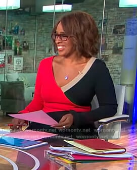 Gayle’s red and black colorblocked dress on CBS This Morning