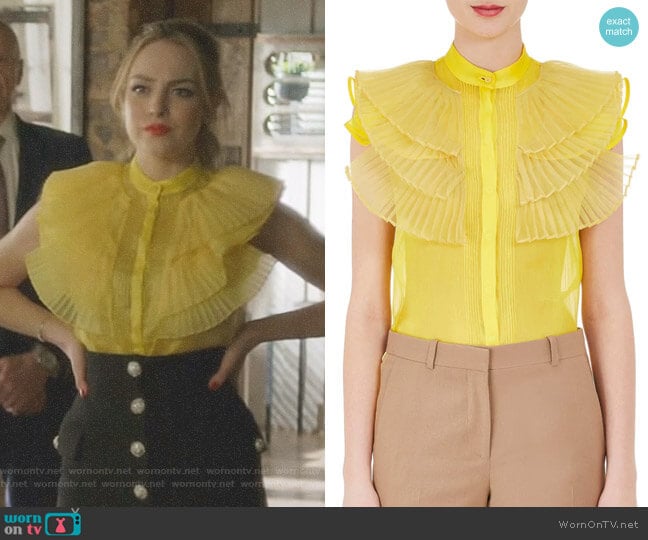 Givenchy Silk Ruffled Organza Blouse worn by Fallon Carrington (Elizabeth Gillies) on Dynasty