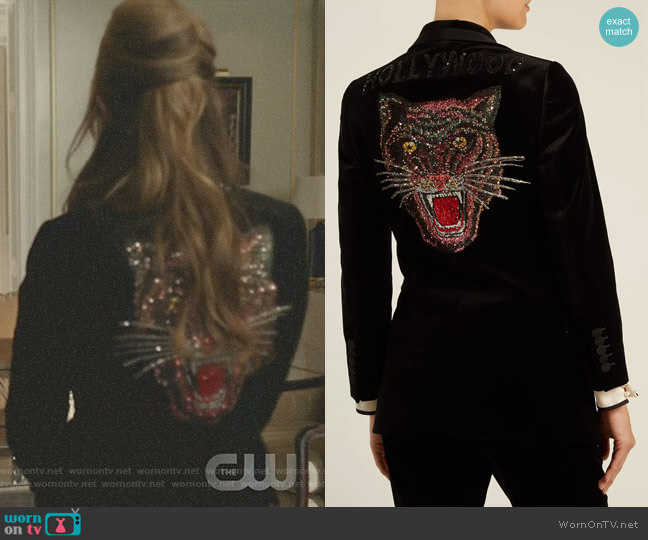 Gucci Tiger-Embroidered Velvet Jacket worn by Fallon Carrington (Elizabeth Gillies) on Dynasty