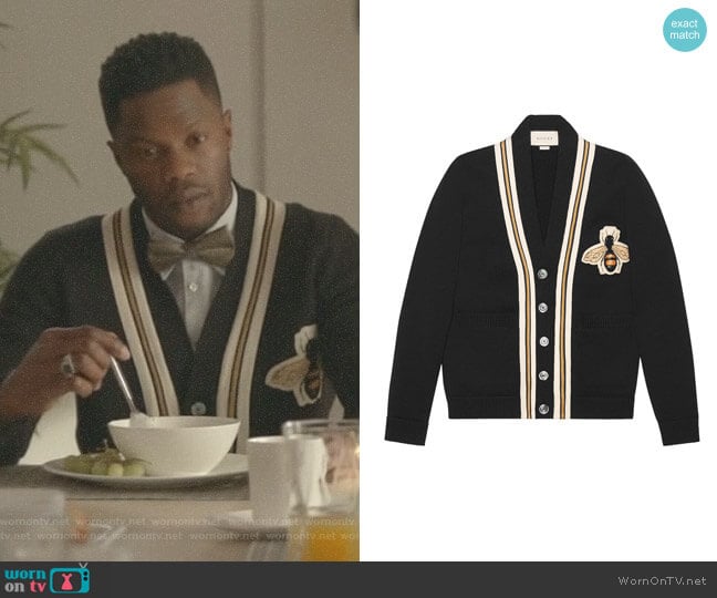 Gucci Wool Cardigan with Bee appliqué worn by Jeff Colby (Sam Adegoke) on Dynasty