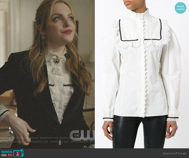 Gucci Pleat and Frill Yoke Blouse worn by Fallon Carrington (Elizabeth Gillies) on Dynasty