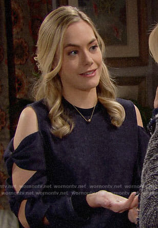 Hope’s navy bow sleeve sweatshirt on The Bold and the Beautiful