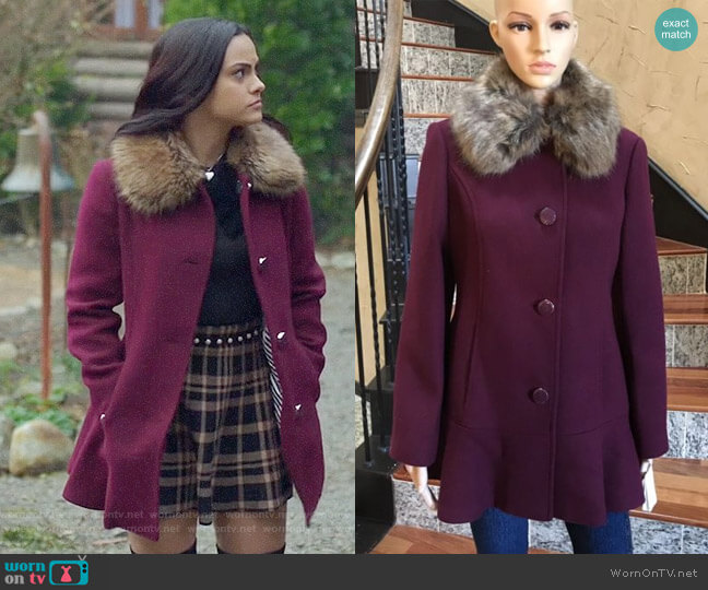 Kate Spade Midnight Wine Fur Collar Coat worn by Veronica Lodge (Camila Mendes) on Riverdale