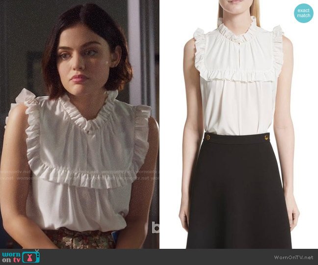 Kate Spade Ruffle Yoke Silk Top worn by Stella Abbott (Lucy Hale) on Life Sentence