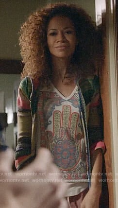 Lena’s hamsa graphic tee and striped cardigan on The Fosters