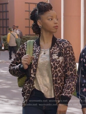 Jazlyn’s leopard print patch bomber jacket on Grown-ish