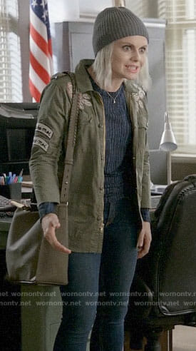 Liv’s blue striped top and floral patch army jacket on iZombie