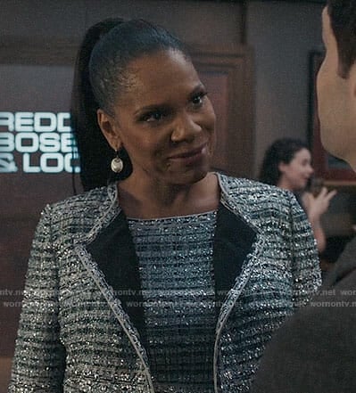 Liz’s silver tweed jacket and dress on The Good Fight
