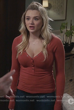 Clementine’s red long sleeve henley top on Life in Pieces