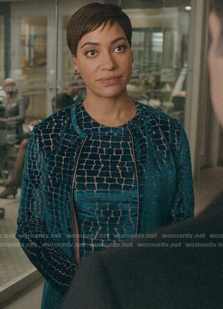 Lucca’s blue velvet crocodile dress and jacket on The Good Fight