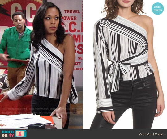 Lush One-Shoulder Tie Waist Shirt worn by Hilary Curtis (Mishael Morgan) on The Young and the Restless
