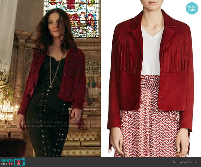 Maje Varsity Fringe Suede Jacket worn by Princess Eleanor (Alexandra Park) on The Royals
