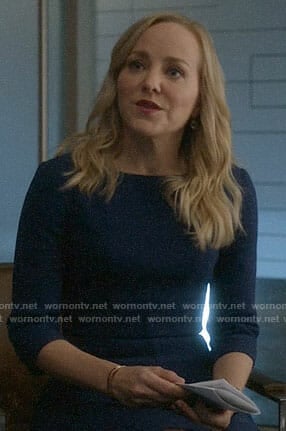 Marissa’s blue three-quarter sleeve sheath dress on Bull