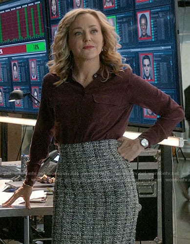 Marissa’s red shirt and tweed pencil skirt on Bull