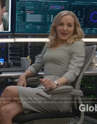 Marissa’s grey v-neck dress with folded waist on Bull