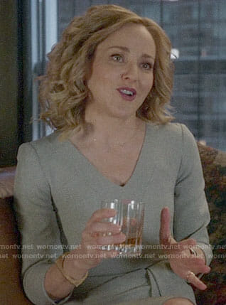 Marissa’s grey v-neck dress with folded waist on Bull