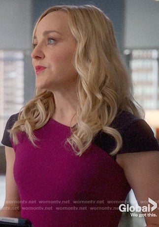 Marissa’s purple and pink colorblock dress on Bull