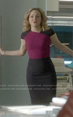 Marissa’s purple and pink colorblock dress on Bull