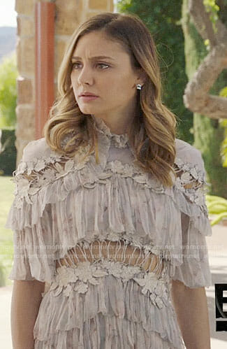 Megan’s ruffled dress with cutouts on The Arrangement