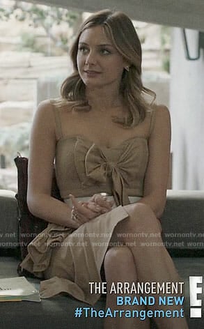 Megan’s beige bow front dress on The Arrangement