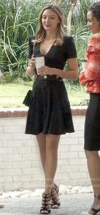 Meghan’s black v-neck dress with short sleeves on The Arrangement