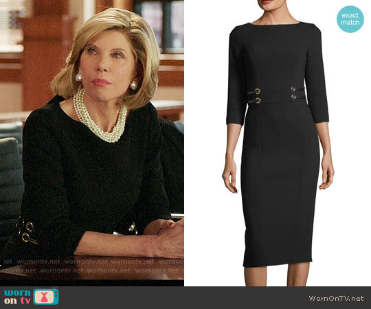 Michael Kors Collection Leather-Trim Boucle Crepe Sheath Dress worn by Diane Lockhart (Christine Baranski) on The Good Fight
