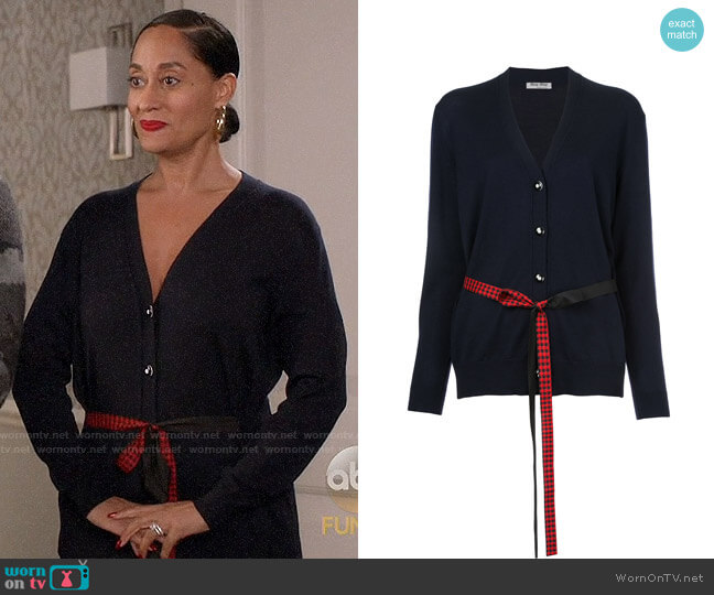 Miu Miu Gingham Belt Cardigan worn by Rainbow Johnson (Tracee Ellis Ross) on Black-ish
