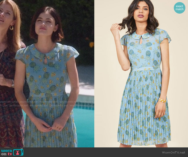 Expansive Interests A-Line Dress in Pineapple from worn by Stella Abbott (Lucy Hale) on Life Sentence